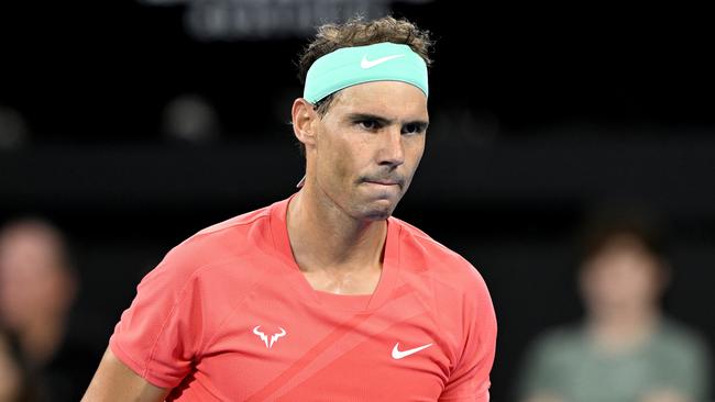 BRISBANE, AUSTRALIA - JANUARY 02: Rafael Nadal of Spain celebrates after winning a point in his match against Dominic Thiem of Austria during day two of the  2024 Brisbane International at Queensland Tennis Centre on January 02, 2024 in Brisbane, Australia.  (Photo by Bradley Kanaris/Getty Images)