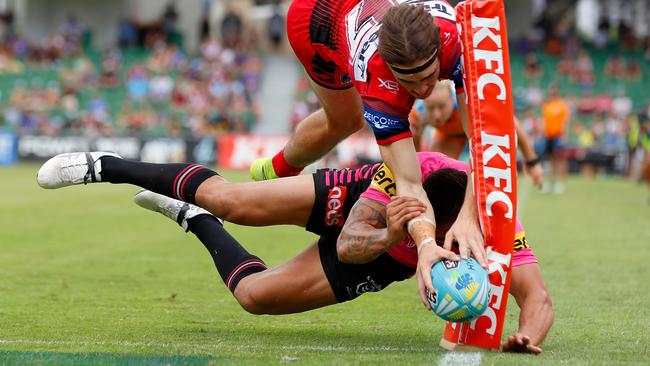 The moment just before Cody Ramsey planted the ball on the sideline, which was awarded a try by the referees. Picture: Getty Images.