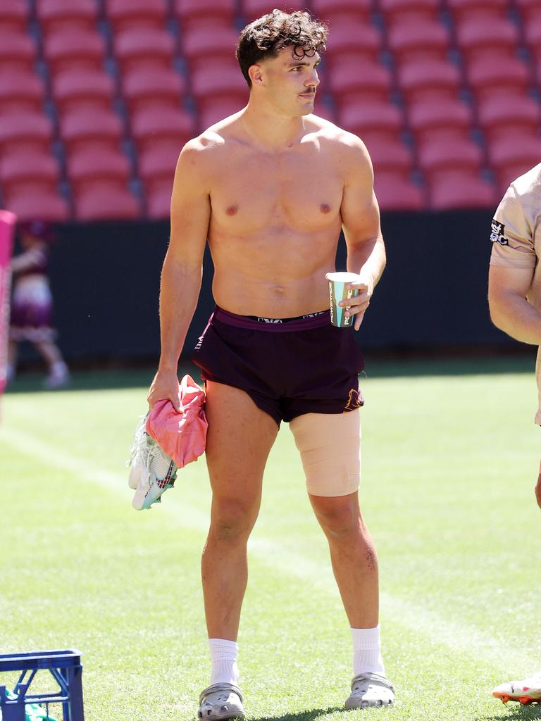 Herbie Farnworth sports heavy strapping at a training session. Picture: Liam Kidston