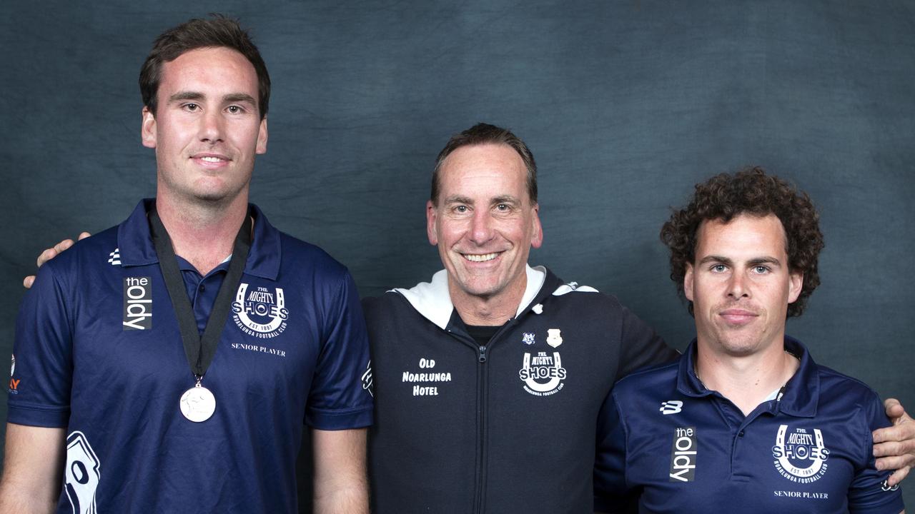 Left to right. Southern Football league Mail Medal 2019 night from left,Mail Medallist Noarlunga's Nicholas Mott, his father Jerry Mott and brotherTom Mott