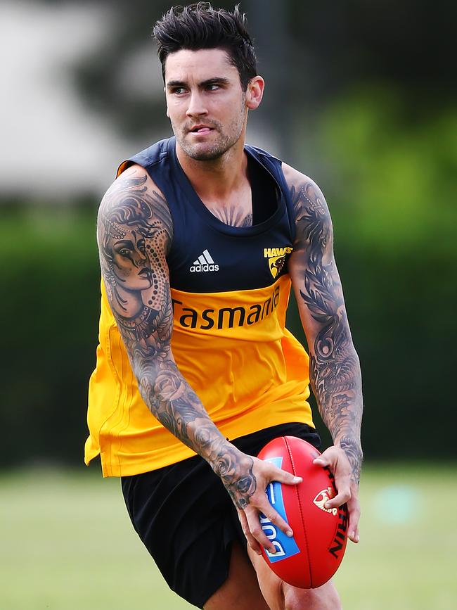 New recruit Chad Wingard runs with the ball at Hawks AFL training. Picture: Michael Dodge/Getty 