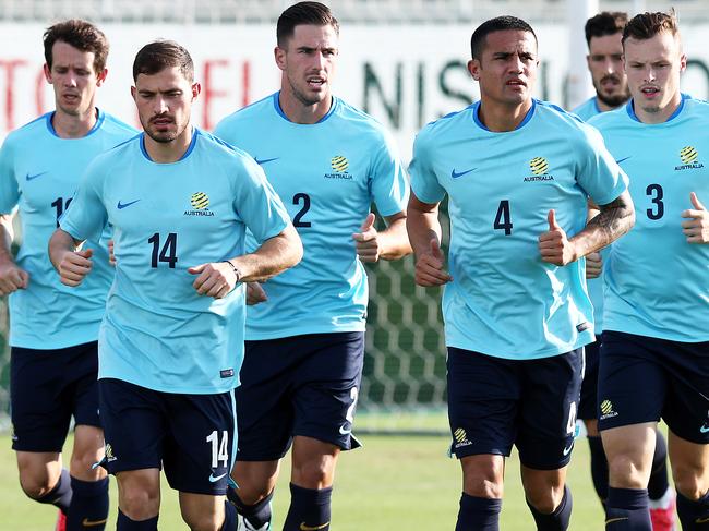 TOKYO, JAPAN - AUGUST 29: Tim Cahill (C) of Australia with teammate in action during an Australia training session at Ajinomoto Field Nishigaoka ahead of the FIFA World Cup qualifier against Japan on August 29, 2017 in Tokyo, Japan.  (Photo by Koji Watanabe/Getty Images)