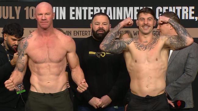 Barry Hall and Curtis Scott face off at the weigh-ins. Picture: Supplied