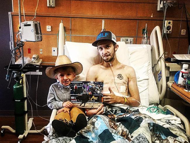 Australian Bull rider Bradie Gray recovering in Wymong Hospital after being stomped on a bull that almost weighed one tonne. Picture: Instagram