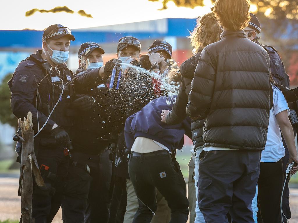 Protesters squared off with police after being physically moved along, one witness said. Picture: NCA NewsWire / Ian Currie