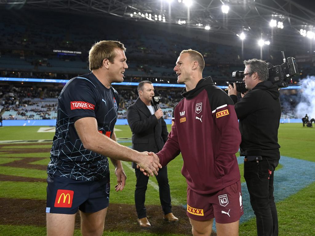 Mate vs Mate. Manly stars Jake Trbojevic and Daly Cherry-Evans shake hands before the coin toss. Picture: NRL Imagery