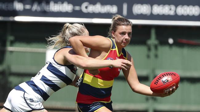 Ebony Marinoff, pictured while playing for the Crows in the AFLW this year, was a standout for Glenelg in its SANFLW game against Woodville-West Torrens on Saturday. Picture: Sarah Reed