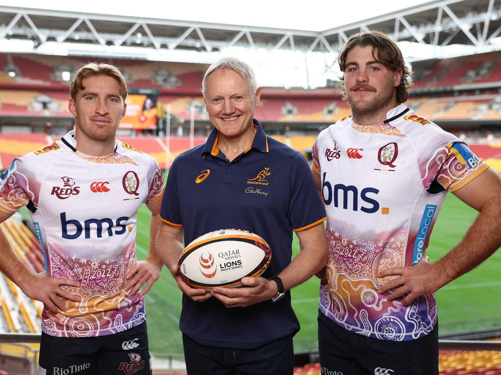 Reds and Wallabies stars Tate McDermott (left) and Fraser McReight (right) met with national coach Joe Schmidt at Suncorp Stadium on Friday. Picture: Chris Hyde/Getty Images for Rugby Australia