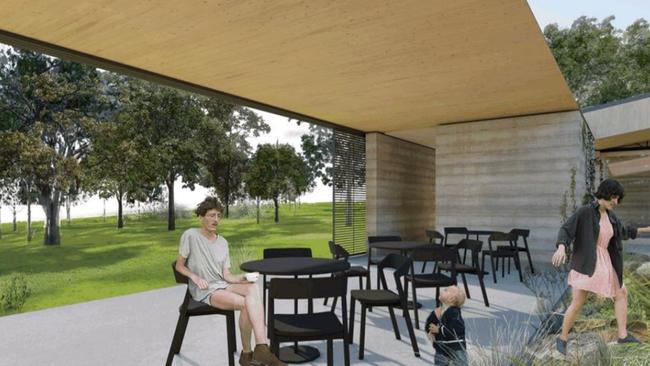 The project includes a cafe and outdoor seating.