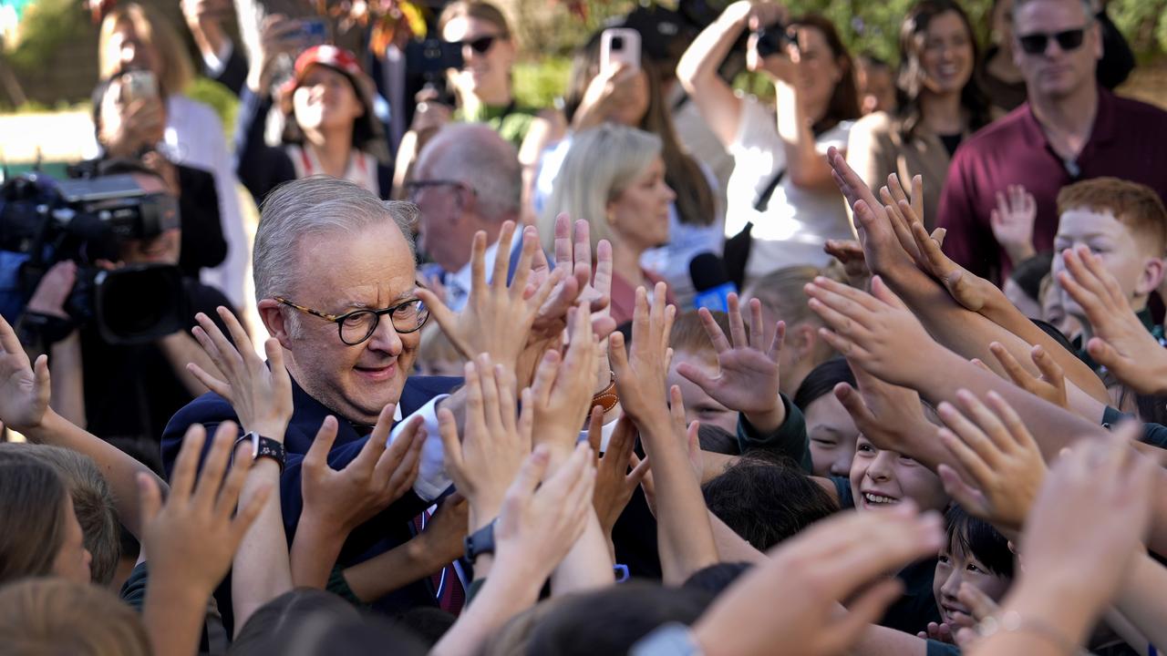Albo greets students during a visit to Winthrop Primary School in the electorate of Tangney in Perth, Australia. Picture: Asanka Ratnayake/Getty Images