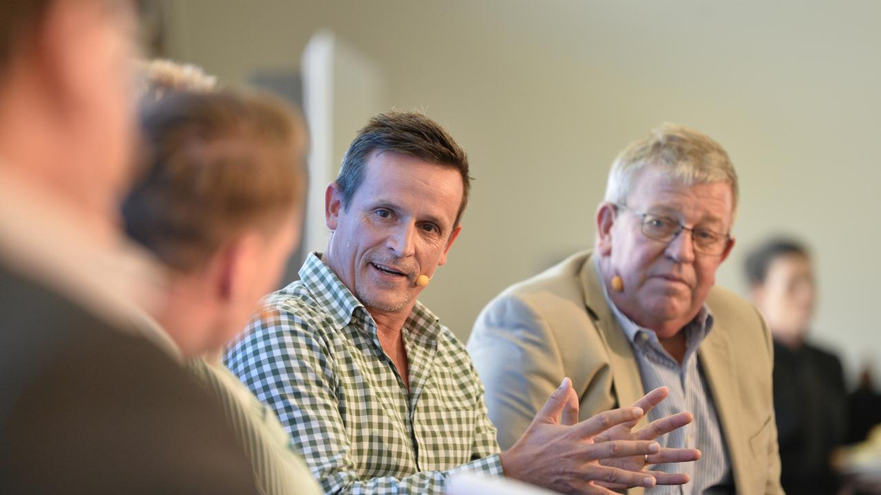 Todd Rohl (centre) of Toowoomba Chamber of Commerce on the panel at the Future Toowoomba lunch at Wellcamp Airport, Friday, December 3, 2021. Picture: Kevin Farmer