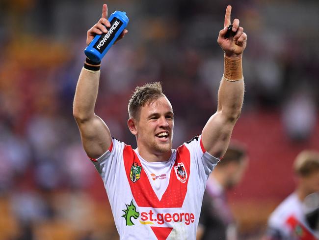 Matt Dufty salutes Dragons fans after the Broncos win. Picture: AAP