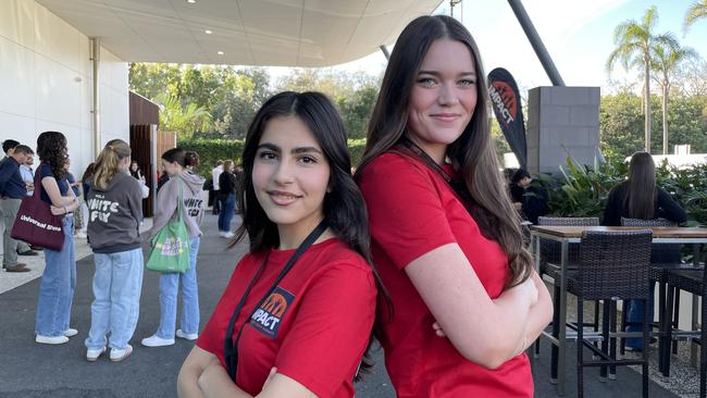 Gold Coast teens Baran Jalilian, 17, and Madison Brennan, 18, at the Impact Youth Summit at the Sea World Resort Conference Centre. Picture: Chelsea Bunting