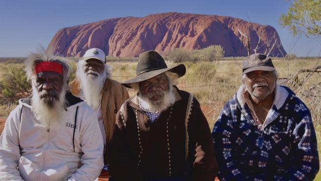 Elders from Central Australia. Murray George was there at the signing of the Uluru Statement From the Heart. Front – left to right … Murray George, Clem Toby, Owen Burton, Rear – Trevor Adamson. Picture – Supplied