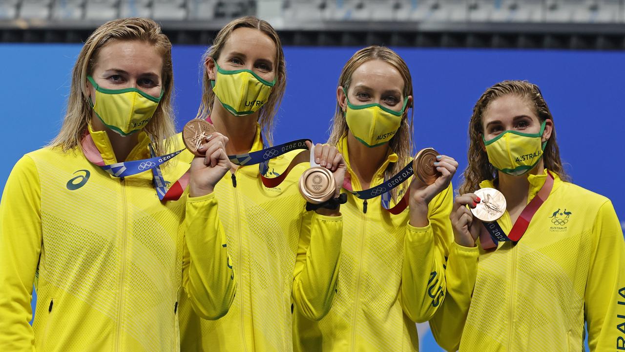 The Aussie 4x200m freestyle team with their bronze medals. Picture: Alex Coppel