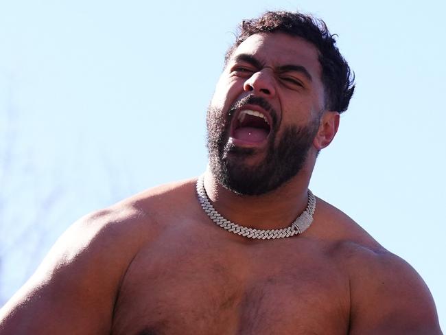 PHILADELPHIA, PENNSYLVANIA - FEBRUARY 14: Jordan Mailata #68 of the Philadelphia Eagles celebrates during the Philadelphia Eagles Super Bowl Championship Parade on February 14, 2025 in Philadelphia, Pennsylvania. (Photo by Mitchell Leff/Getty Images)