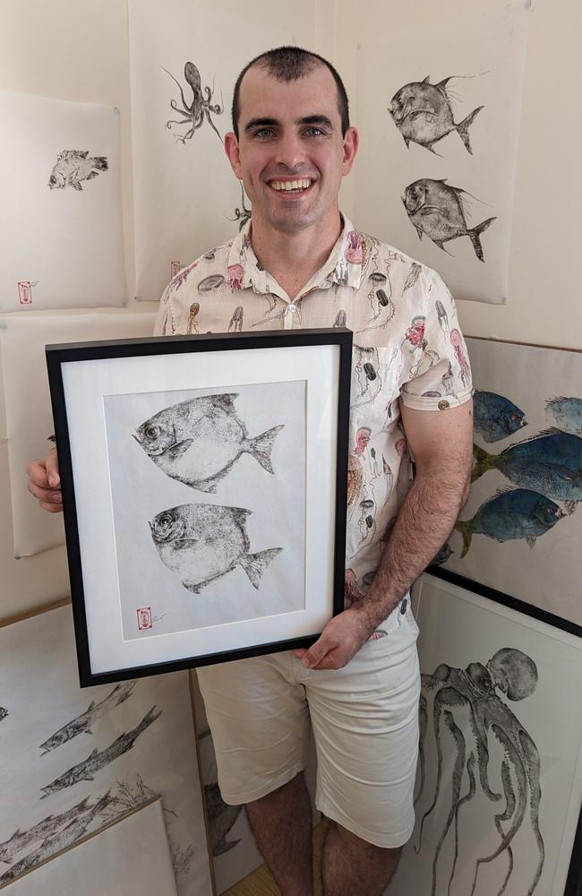 Townsville artist Stephen Coombe uses a unique Japanese technique where real fish are used to create highly detailed art pieces.