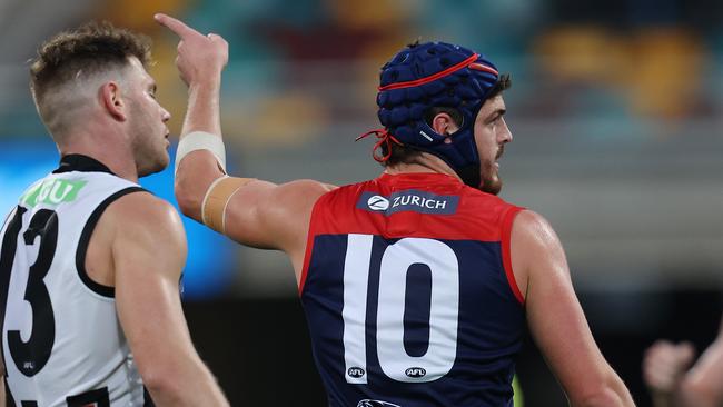 Angus Brayshaw celebrates a goal against Collingwood. Picture: Michael Klein