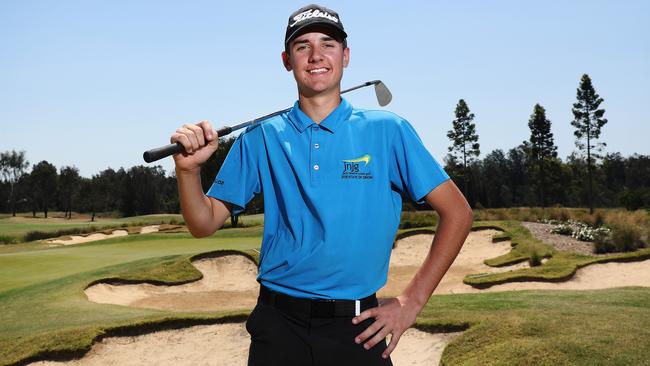 Jake Riley, 14, from Newcastle, is the second-youngest player ever to play in the NSW Golf Open at Twin Creeks. Picture: Brett Costello