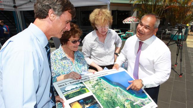 Mayor Tom Tate during the launch of a 2015 survey in Coolangatta, encouraging residents to have their say on the extension of the light rail to the southern and western suburbs of the Gold Coast. Greg Betts, Daphne McDonald (Palm Beach Cr), Chris Robbins and Mayor Tom Tate look over the proposals. Picture by Scott Fletcher