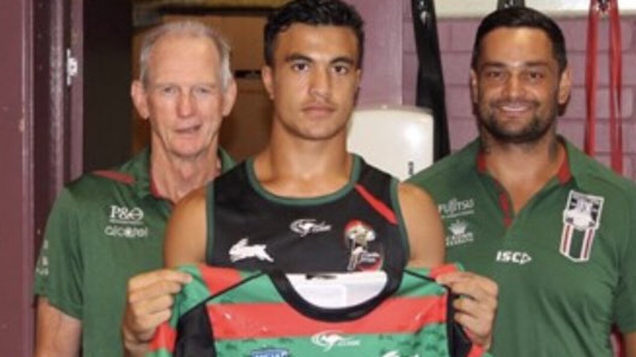 Joseph Suaalii with Wayne Bennett and John Sutton after signing with South Sydney.