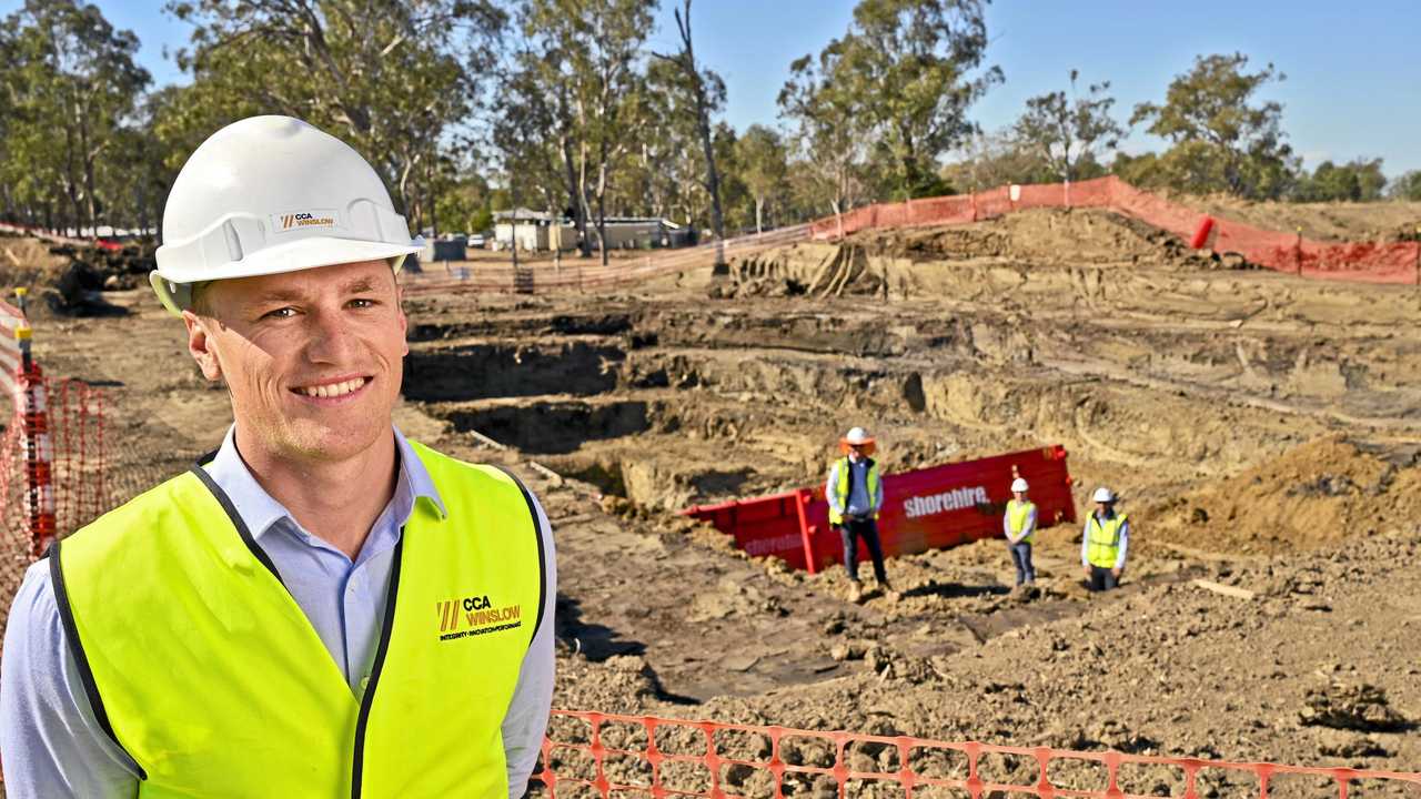 FIRST STEPS: Work is underway on the Walloon Sewer Pump Station. CCA Winslow senior project engineer Kieran Hoy in the foreground with Bodi Tattersall, Anthony Rosario and James Betts in the background. Picture: Cordell Richardson