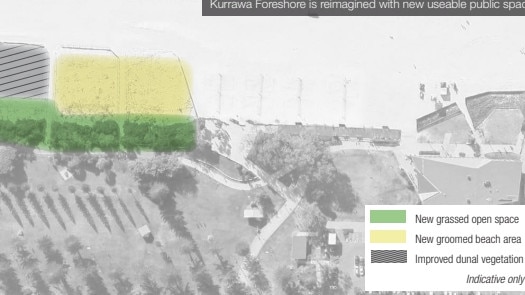 The beach bar proposal for Kurrawa on the Gold Coast. This graphic shows the "groomed beach area".