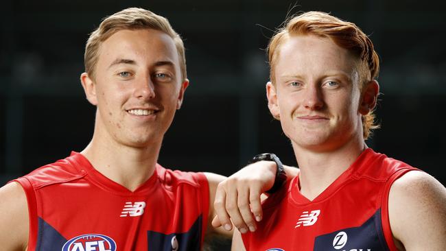 Bailey Laurie and Jake Bowey are outside chances of lining up for Melbourne in Round 1. Picture: Dylan Burns/AFL Photos via Getty Images