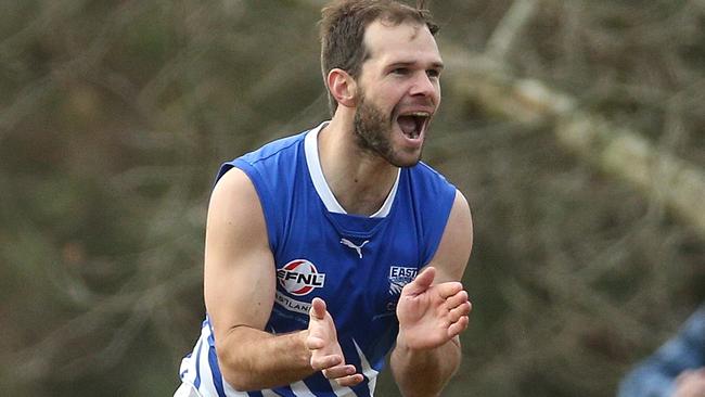 EFL Division 1 2022: East Ringwood v Croydon at East Ringwood Reserve: Jason Coghlan of East Ringwood celebrates a goal on Saturday July 2, 2022, in Ringwood East, Australia.Picture: Hamish Blair