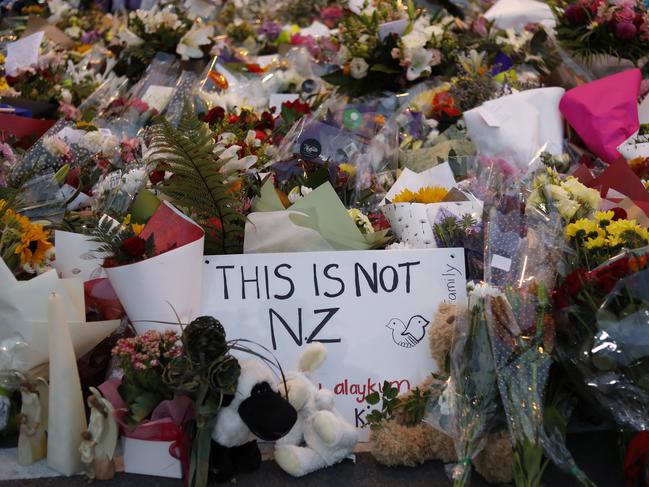 Flowers lay at a memorial near the Masjid Al Noor mosque. Picture: Vincent Yu/AP