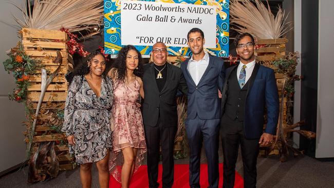 Raelene Collins, Dr Sean Taylor, Dr Tom Hatch, Helena Warria and Royce Ramsamy at the 2023 NAIDOC Ball. Picture: Pema Tamang Pakhrin