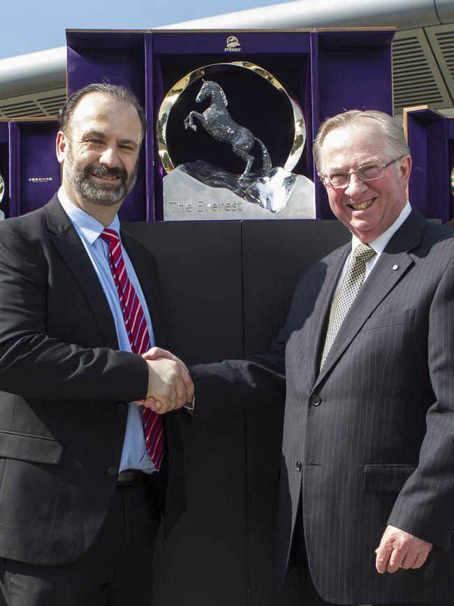 (L-R) Racing NSW CEO, Peter V'landys and Chairman Russell Balding with The Everest trophy. Picture: Hollie Adams