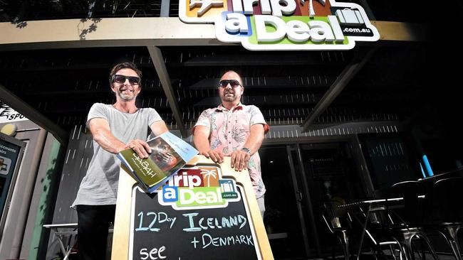 TripADeal co-founders Norm Black and Richard Johnston outside the company’s Byron Bay industrial estate headquarters. Picture: Marc Stapelberg