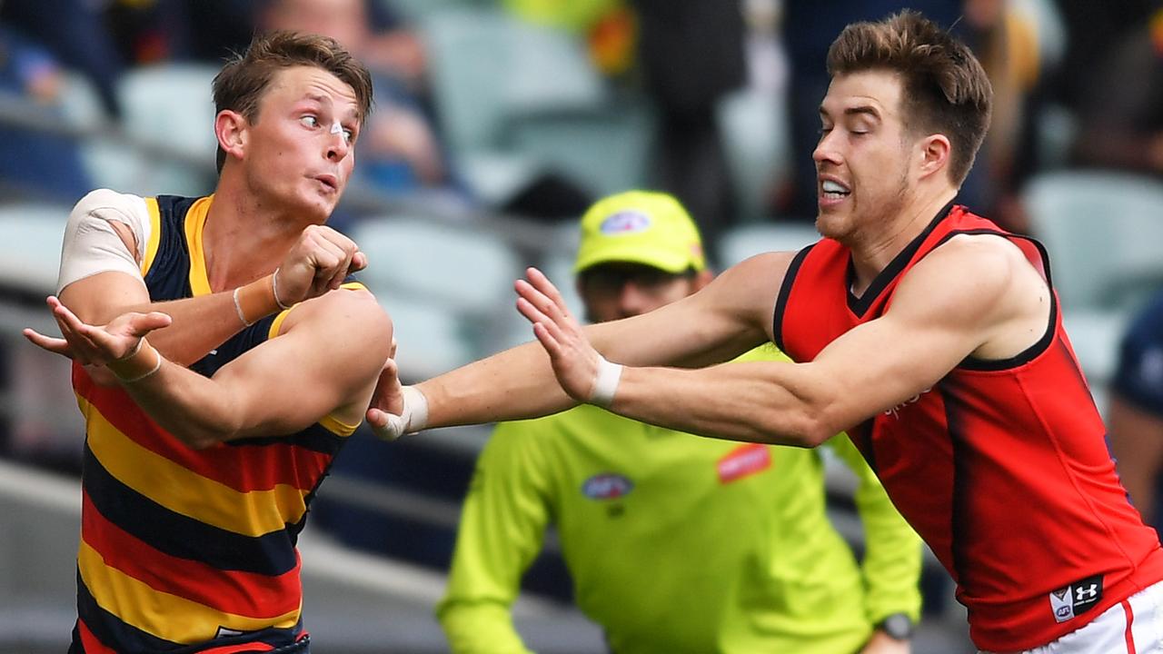 Matt Crouch handballs over Zach Merrett of the Bombers. Picture: Mark Brake/Getty