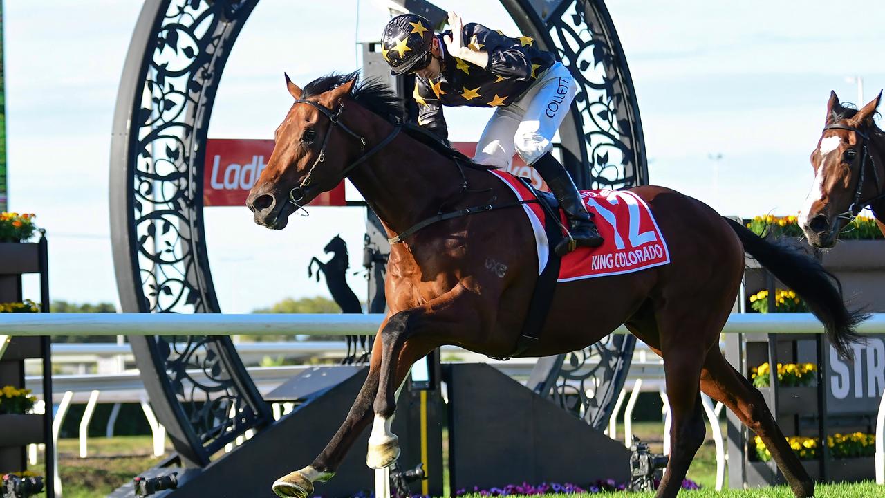 Supplied Editorial King Colorado wins the Group 1 JJ Atkins for trainers Ciaron Maher  and Dave Eustace and jockey Jason Collett pics credit Grant Peters, Trackside Photography