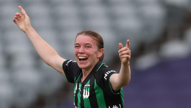 GOSFORD, AUSTRALIA - DECEMBER 22: Kahli Johnson of Western United celebrates a goal during the round seven A-League Women's match between Central Coast Mariners and Western United at Industree Group Stadium, on December 22, 2024, in Gosford, Australia. (Photo by Scott Gardiner/Getty Images)