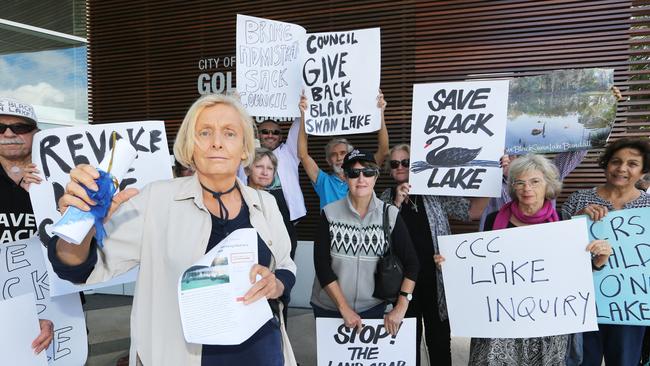 Sally Spain leading the environmental protest. Picture Glenn Hampson.