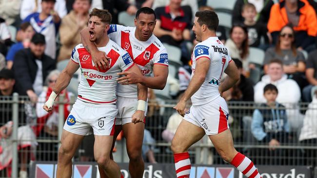 Zac Lomax celebrates a try against the Roosters in Round 18. Picture: Scott Gardiner/Getty Images