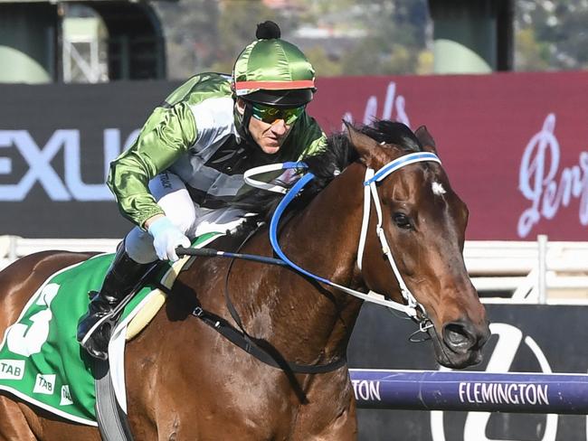 Incentivise ridden by Brett Prebble wins the TAB Turnbull Stakes at Flemington Racecourse on October 02, 2021 in Flemington, Australia. (Brett Holburt/Racing Photos via Getty Images)