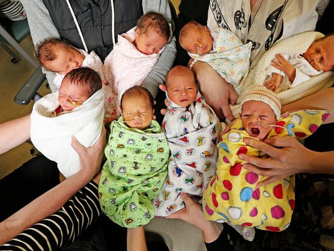 There is a lot of pink in the Special Care Nursery at St Vincent’s Private today. The hospital currently has four sets of premature twins, all girls, currently being cared for by the nursing team in the Special Care Nursery. (L to R) top row Leila and Eva, Isabella and Poppy. (Bottom Row) L to R Charlize, Leila and Amelita and Ava Picture: Tim Carrafa