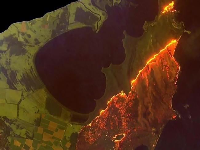 Satellite image looking over Yamba as bushfires consume the area. Picture: Fire & rescue Yamba