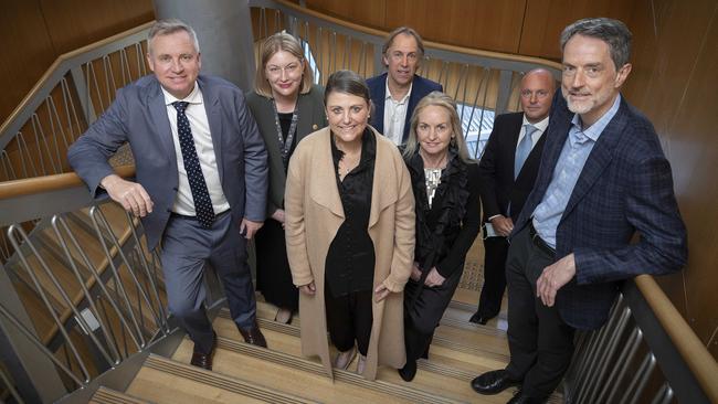 Premier Jeremy Rockliff, State Health Commander Katherine Morgan- Wicks, Jo and Scott Harris, MacCallum Cancer Centre Director of Digital Healthcare Innovation Kate Burbury, Government Committe member Greg Woolley, UTAS Vice Chancellor Rufus Black at the Menzies Research Centre. Picture: Chris Kidd