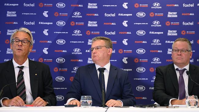 FFA chief executive David Gallop, chairman Chris Nikou and boss of the A-League Greg O'Rourke announce the successful expansion clubs. Picture: AAP