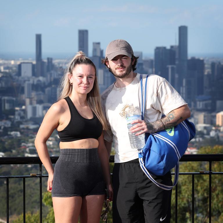 Shocked hikers Olivia Phillips and Joe George after the attempted sexual assault on the Cockatoo Trail, Mt Coot-tha. Picture: Liam Kidston