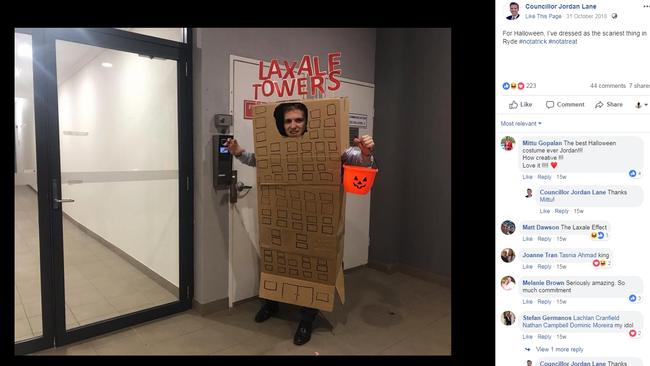 Ryde Liberal councillor Jordan Lane went to Halloween dressed as a Meriton apartment tower, which he dubbed ‘Laxale Towers’.