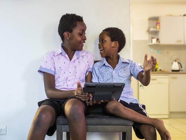 Osteen, 12, and Pendo, 6, at home in Algester, in Brisbane’s south. Picture: Mark Cranitch