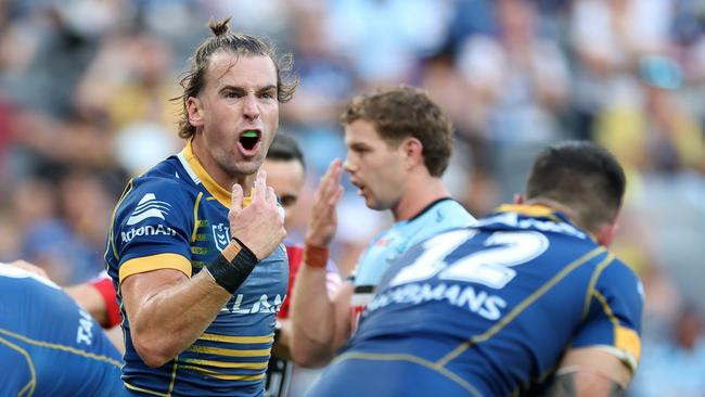 Clinton Gutherson of the Eels reacts during the round two NRL match between the Parramatta Eels and the Cronulla Sharks at CommBank Stadium on March 10, 2023 in Sydney, Australia. (Photo by Mark Kolbe/Getty Images)