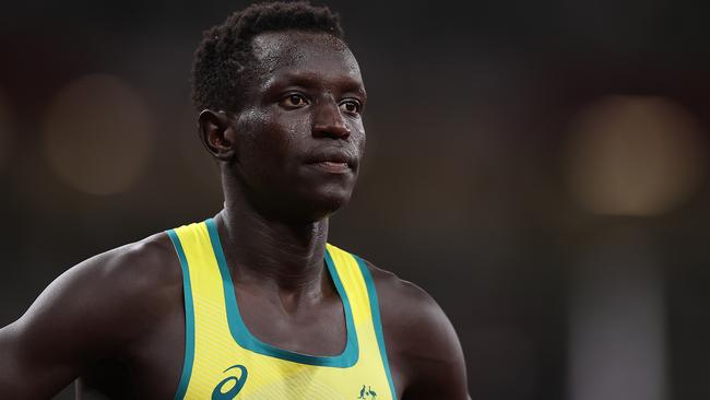 TOKYO, JAPAN - AUGUST 04: Peter Bol of Team Australia reacts after the Men's 800m Final on day twelve of the Tokyo 2020 Olympic Games at Olympic Stadium on August 04, 2021 in Tokyo, Japan. (Photo by Cameron Spencer/Getty Images)