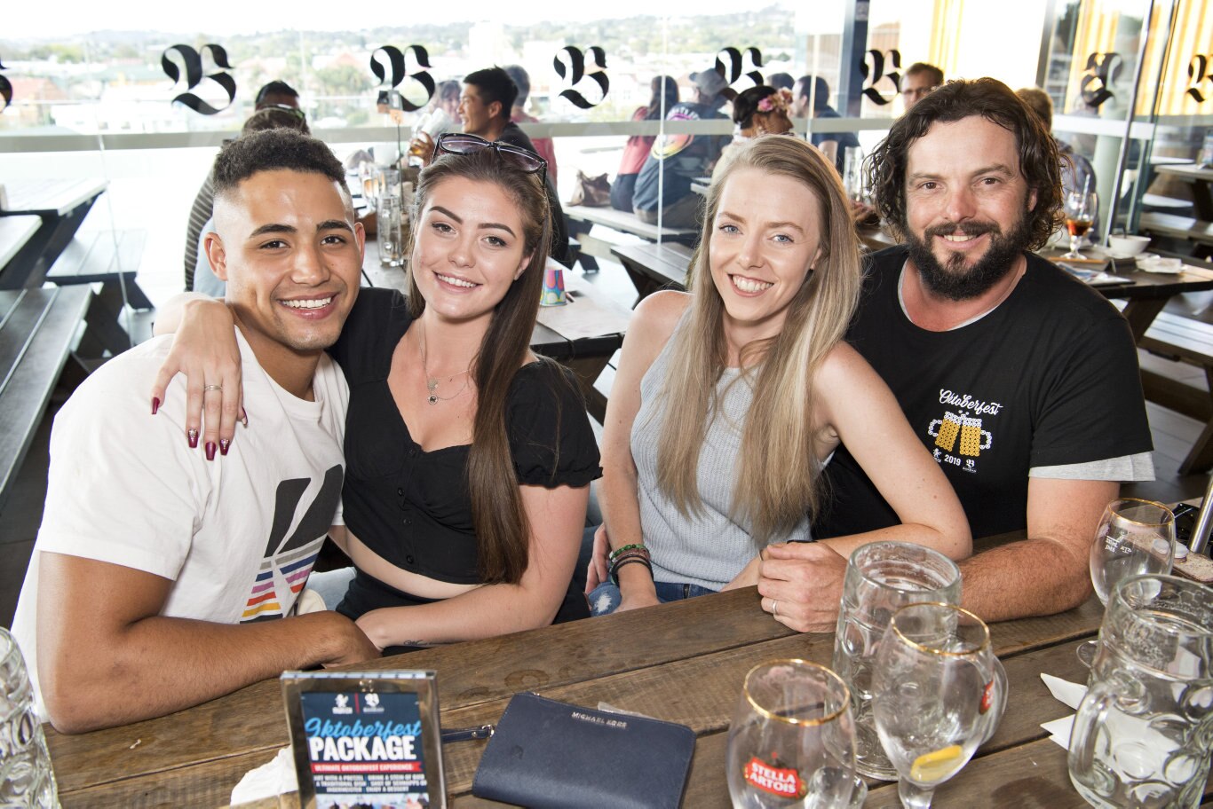 Enjoying some German beer during Oktoberfest celebrations are (from leftA) Jordan Bartholomew and Charley Knowles who are visiting from Leeds, UK, and Emily and Doug Gale. Saturday, 5th Oct, 2019. Picture: Nev Madsen