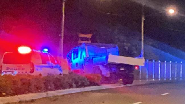 Aftermath of a white truck crashing into a fence in West End after it was driven dangerously around Townsville on Friday night. Picture: Supplied.